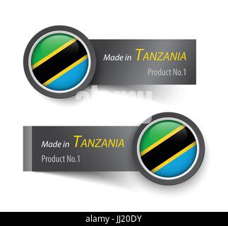 Icona bandiera ed etichetta con testo made in Tanzania . Illustrazione Vettoriale