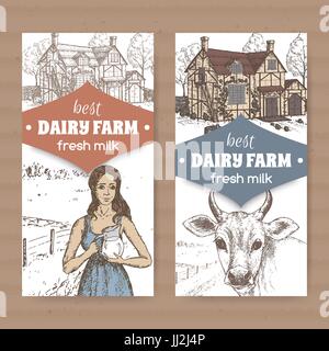 Due colori dairy farm shop etichette con casa colonica, milkmaid e mucca in bianco. Illustrazione Vettoriale