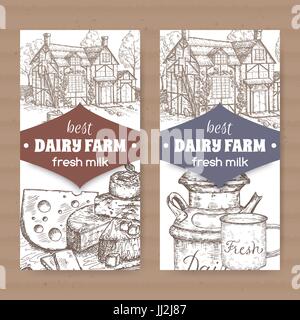 Due dairy farm shop etichette con casa colonica, il latte può, mug e il piatto di formaggi. Illustrazione Vettoriale