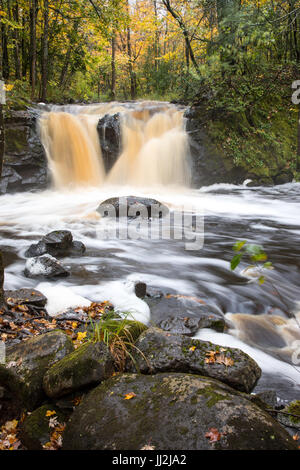 Radice birra cade a Wakefield Michigan nella Penisola Superiore del Michigan. Il tannino color acqua scorre sulla roccia e rovesciamento di liquidi nel torrente della piantatrice Foto Stock