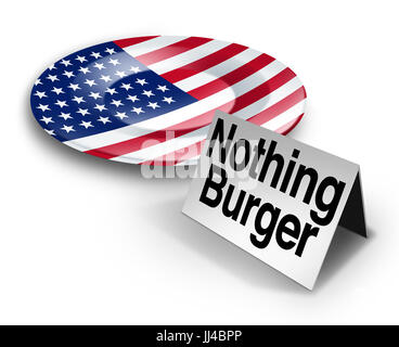 Nulla di politico burger o frase nothingburger nozione come un piatto vuoto con una bandiera americana che rappresentano fake news inchiesta. Foto Stock