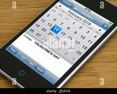 Il giorno di San Valentino 2018 promemoria sul telefono cellulare calendario visualizzazione agenda Foto Stock