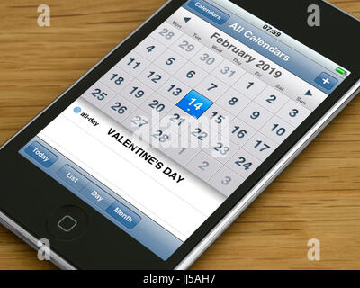 Il giorno di San Valentino 2019 promemoria sul telefono cellulare calendario visualizzazione agenda Foto Stock