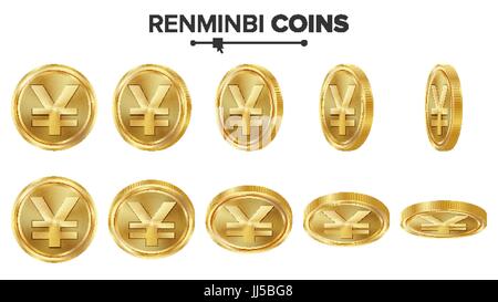 Renminbi 3D monete d oro Vector Set. Illustrazione realistica. Flip angoli diversi. Denaro sul lato anteriore. Concetto di investimento. Finanza moneta icone, segno successo bancario simbolo in contanti. Valuta isolato su bianco Illustrazione Vettoriale