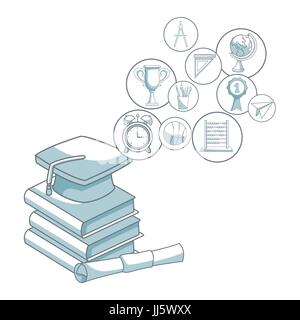 Sfondo bianco con silhouette di colore ombreggiatura di closeup pila di libri con cappuccio di graduazione e certificato e icone circolari degli elementi galleggianti accademico Illustrazione Vettoriale