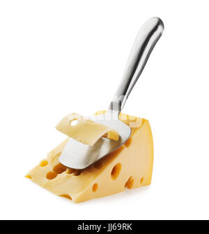 Pezzo di formaggio con fori e Coltello per formaggio slicer isolati su sfondo bianco Foto Stock