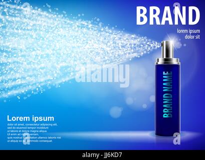 Blu bottiglia spray isolato su sfondo blu con gocce e soft bokeh di fondo per il vostro design. Realistico cosmetici annunci premium, trattamento viso irroratrice. Profumo o deodorante contenitore vettore 3d Illustrazione Vettoriale