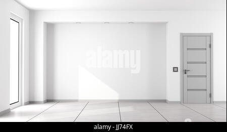 Vuoto bianco minimalista stanza vivente con il grigio porta chiusa e la finestra - 3d rendering Foto Stock