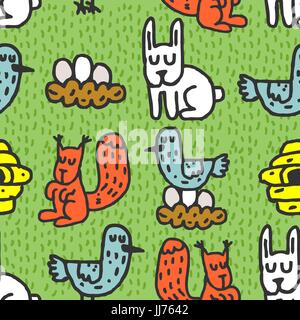 Disegno per bambini gli animali del bosco seamless pattern. I conigli di ornamento. Alveare e uccelli. Nido con uova Illustrazione Vettoriale