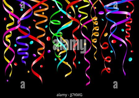 Compleanno blac sfondo con il curling stelle filanti e coriandoli, illustrazione. tinsel vettore arte a colori Illustrazione Vettoriale