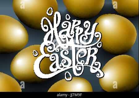 Carta per congratulazioni scritto a mano una frase. Biglietto di auguri di modelli di testo con uova d'oro splendido sfondo per l'invito. Felice Pasqua lettera Illustrazione Vettoriale