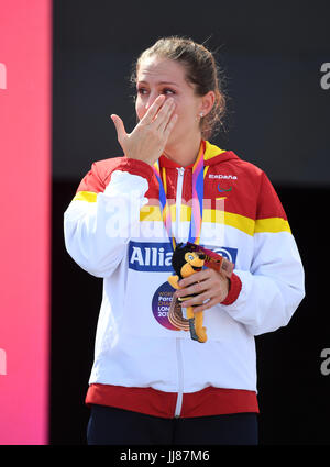 Spagna Sara Andres Barrio dopo aver vinto il bronzo nel 400m T44 durante il quarto giorno dei Campionati Mondiali di Atletica Para 2017 allo stadio di Londra. PREMERE ASSOCIAZIONE foto. Data immagine: Lunedì 17 luglio 2017. Vedi PA storia ATLETICA Para. Photo credit should Read: Victoria Jones/PA Wire. Foto Stock