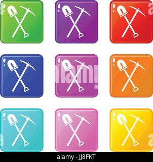 Pala e piccone icone set 9 Illustrazione Vettoriale