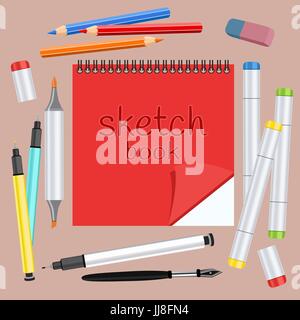 Arte realistica forniture, set di materiali d'arte. Sketchbook, arte marker con due punte, maniglie multicolore capillare, matite colorate, piume, eraser. Scrivania Illustrazione Vettoriale
