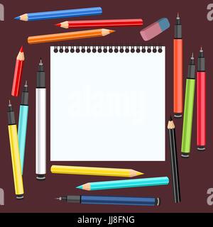 Arte realistica forniture, set di materiali d'arte. Desk artista. Sketchbook, maniglie multicolore capillare, camicie, colore matite, gomma. Oggetti vettoriali per Illustrazione Vettoriale