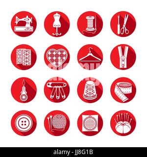 Set di icone vettoriali strumenti di cucitura. Bianco forniture di cucitura in un round cornice rossa con l'ombra smussata Illustrazione Vettoriale