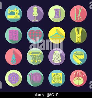 Set di icone vettoriali strumenti di cucitura. Colorato luminoso forniture di cucitura in un round multi-colore di telaio con l'ombra smussati su uno sfondo blu scuro Illustrazione Vettoriale