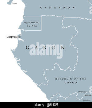 Il Gabon mappa politico con capitale Libreville. Repubblica Gabonese, uno stato sovrano si trova sulla costa occidentale dell Africa Centrale. Illustrazione di grigio. Foto Stock