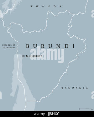 Burundi mappa politico con capitale Bujumbura e i confini internazionali. Repubblica e paese senza sbocco sul mare nella regione africana dei Grandi laghi in Africa. Foto Stock