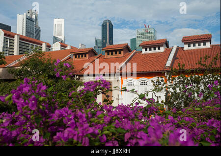 16.07.2017, Singapore, Repubblica di Singapore, in Asia - Negozio tradizionale case a Singapore il quartiere Chinatown con lo skyline della città. Foto Stock