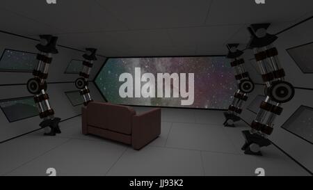 Astronave interno con divano relax vista sullo spazio e pianeti distanti system 3D illustrazione Foto Stock