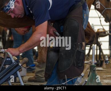 Un concorrente ha 2 ore per creare un set completo di scarpe per un cavallo nel horseshoeing concorrenza a Calgary Stampede. Foto Stock