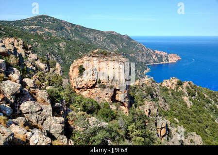 Calanche de Piana, château fort, Piana, Corsica, Francia Foto Stock