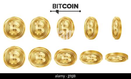 Bitcoin 3D monete d oro Vector Set. Realistiche. Flip angoli diversi. Valuta digitale denaro. Concetto di investimento. La crittografia delle finanze icone Coin, segno. Fintech Blockchain. Valuta isolato su bianco Illustrazione Vettoriale