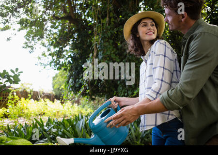 Coppia romantica impianti di irrigazione con annaffiatoio in giardino in una giornata di sole Foto Stock