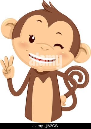 Il Mascot illustrazione di un simpatico scimmie con le sue dita al gesto del numero tre Foto Stock