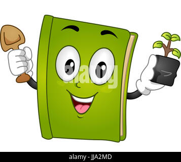 Il Mascot illustrazione di un Libro verde tiene una cazzuola in una mano e un alberello in altri Foto Stock