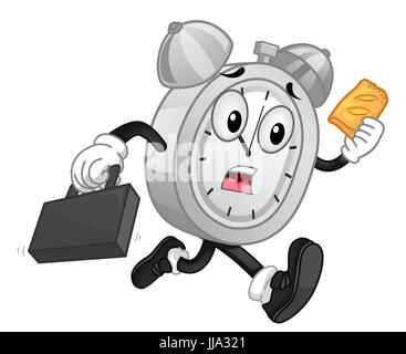 Il Mascot illustrazione di un panico Analog Sveglia di mangiare un pezzo di torta mentre è in esecuzione Foto Stock