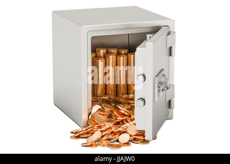 Cassetta di sicurezza con mucchio di monete d'oro, rendering 3D isolati su sfondo bianco Foto Stock