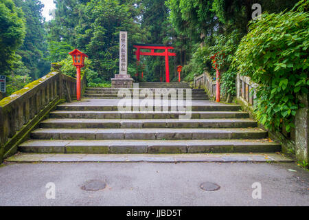 Red Gate dei tori a Fushimi Inari Santuario, con scale e denocciolate situato a Kyoto, in Giappone. Foto Stock