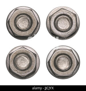 Il dado della vite di capi con rondelle isolato su bianco. Foto Stock