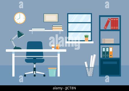 Office Workplace e attrezzature design piatto Illustrazione Vettoriale