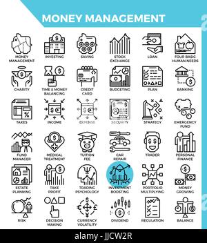 Gestione del denaro concetto dettagliato della linea set di icone in linea moderna di stile icona per ui, ux, web design app Illustrazione Vettoriale