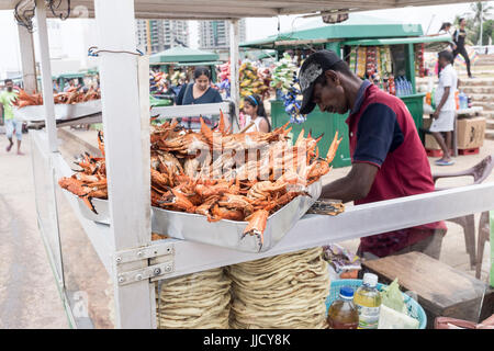 Un venditore ambulante vende granchi e altri prodotti alimentari da uno stallo su Galle Face Green in Colombo, Sri Lanka Foto Stock