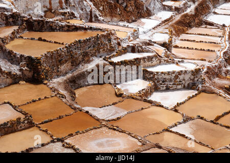 Salinas de Maras, pre Inca tradizionale miniera di sale (salinas), la Valle Sacra, Perù Foto Stock