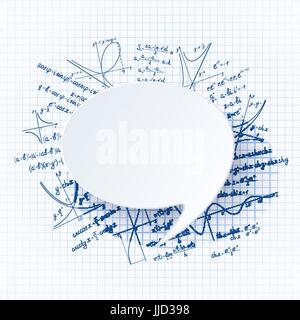 Matematica vettoriale sfondo con discorso bolla sulla cartella di lavoro sullo sfondo con diverse formule e grafici Illustrazione Vettoriale