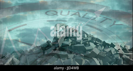 Immagine 3d di vari segni danneggiati con pietre contro la qualità del testo con grafici e bussola di navigazione Foto Stock