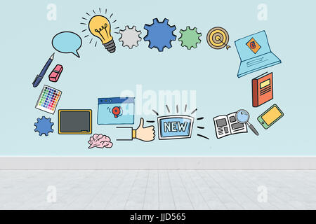 Generati digitalmente immagine del grafico di business contro la parete blu dal pavimento di legno duro Foto Stock