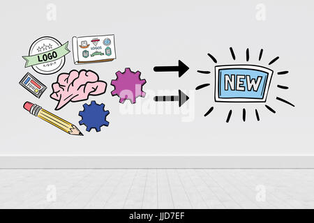 Immagine composita di diverse icone con la nuova scatola contro il pavimento grigio e la parete Foto Stock