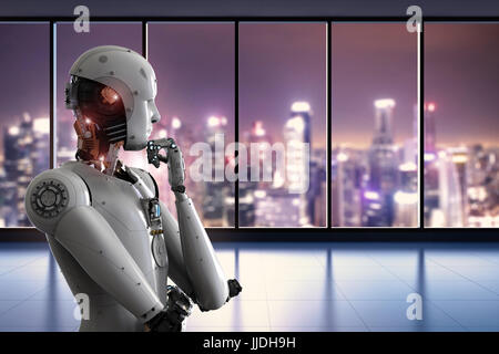 3D rendering robot androide pensando in ufficio Foto Stock