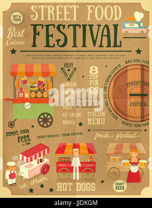 Cucina di strada e Fast Food Festival del carrello sul Retro Vintage Poster. Progettazione del modello. Illustrazione. Foto Stock