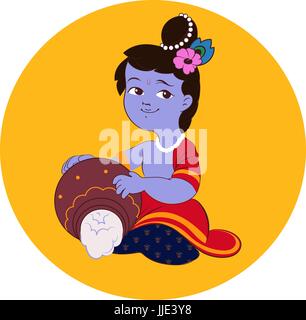 Piccolo bambino Krishna suona il flauto, illustrazione vettoriale di un festival indiano janmashtami Illustrazione Vettoriale