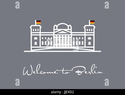 Benvenuto a Berlino biglietto di auguri con il Reichstag icona linea. Illustrazione Vettoriale