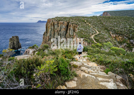 L'uomo escursionismo verso Fortescue Bay, Cape Hauy, Tasmania, Australia Foto Stock