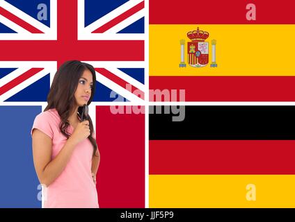 Composito Digitale della lingua principale bandiere circa giovane donna con gli occhiali per la mano Foto Stock