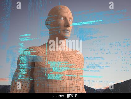 Composito digitale del codice BLU contro il maschio arancione AI e cime delle montagne e del cielo Foto Stock